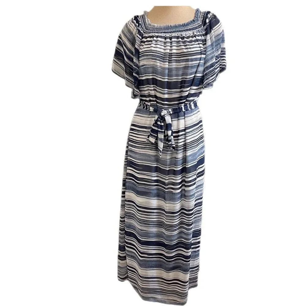 Trina Turk Blue White Stripe Off Shoulder Chiffon Maxi Dress Size Small